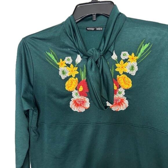 Zara Tunic Long Sleeve Empire Waist Green Floral Embroidered Ribbon Collar Size - Picture 8 of 10